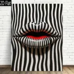 2D Flat 1pc Abstract Striped Lip Art Print - Frameless Canvas Wall Decor, Modern Retro Design with Bold Black & White Stripes
