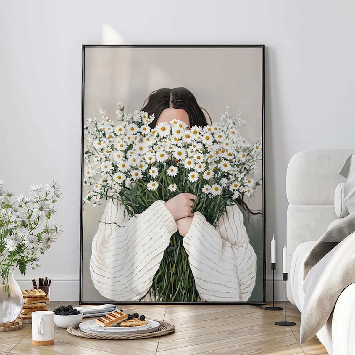 Green Abstract Figures Canvas Print with Flower Woman Minimalist Japandi Female Portrait Art Poster for Modern Living Room Decor - Image 3