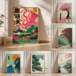 1 Frameless Japanese Tree Poster,Retro Landscape Painting,Natural Wall Art Print,Peaceful Landscape Art,Spring Flower Decoration