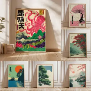 1 Frameless Japanese Tree Poster,Retro Landscape Painting,Natural Wall Art Print,Peaceful Landscape Art,Spring Flower Decoration