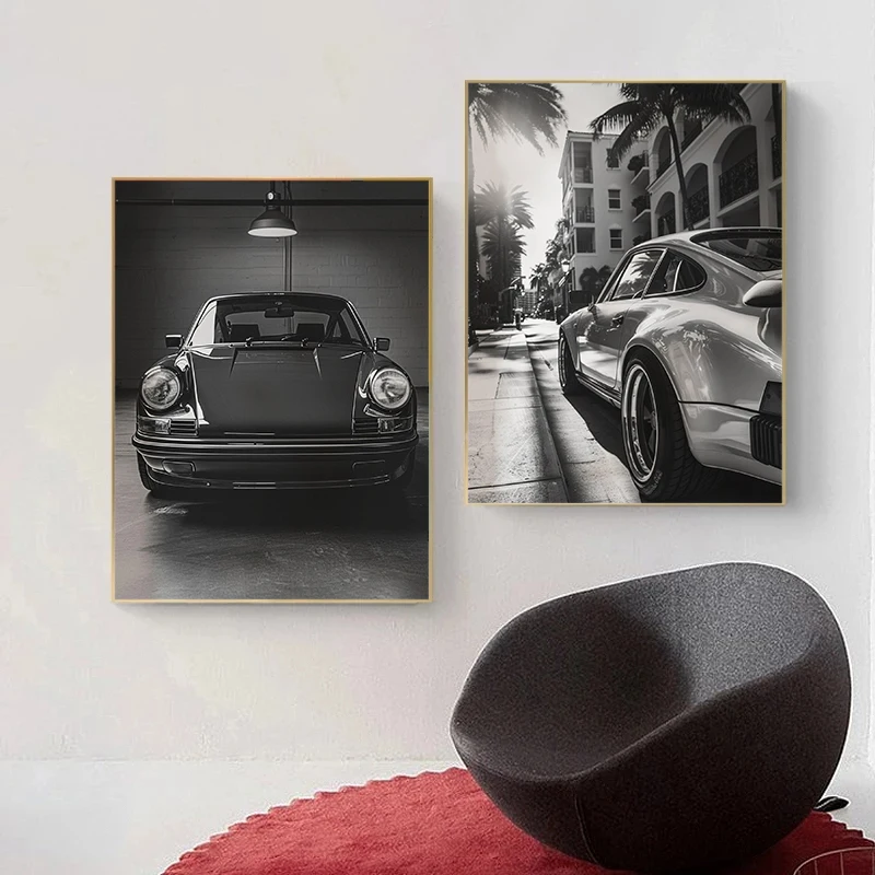Nostalgic Retro Fashion Black And White Luxury Car Art Poster Canvas Printing Living Room Sofa Background Wall Modern Decoration - Image 3