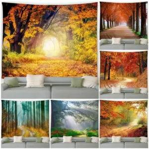 Autumn Forest Tapestry Natural Maple Tree Yellow Falling Leaves Rustic Landscape Fall Garden Wall Hanging Home Living Room Decor