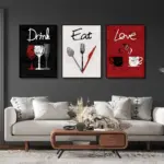 1PC/3PCS Frameless Love Drink Eat Posters Canvas Painting Retro Black Red White Background Diet Wall Art Home Kitchen Decoration