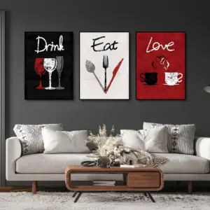 1PC/3PCS Frameless Love Drink Eat Posters Canvas Painting Retro Black Red White Background Diet Wall Art Home Kitchen Decoration
