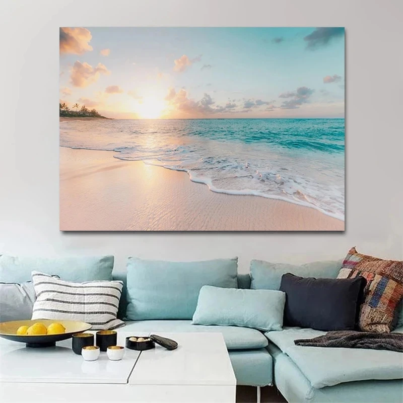 Sunset Hawaii Beach Posters Gold Sea Landscape Canvas Paintings Tropical Palm Tree Wall Art Pictures Living Room Home Decor - Image 5