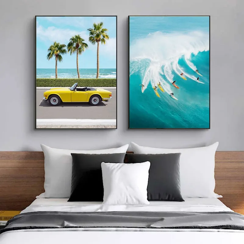 Sea Wave Surfing Beach Car Lighthouse Palm Landscape Posters and Prints Canvas Printing Wall Art Picture for Living Room Decor - Image 4