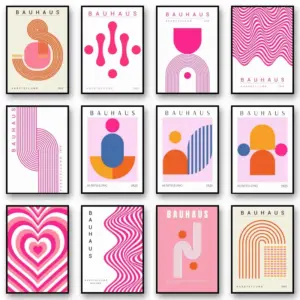 Pink Bauhaus Geometric Canvas Paintings Poster Bauhaus Wall Art Mid Century Modern Art for Living Room Home Office Decor