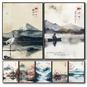 Vintage Japanese Canvas Wall Art Cherry Blossoms Crane Mt Fuji Watercolor Painting Serene Asian Landscape Print Oriental Decor