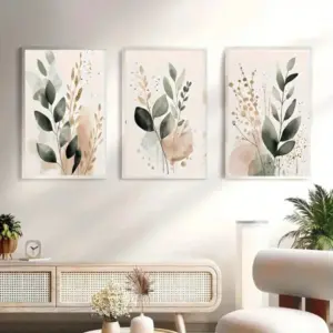 3pcs Frameless Minimalist Bohemian Canvas Printing, Abstract Nordic Design with Sage Green Leaves, Ideal Modern Living Space
