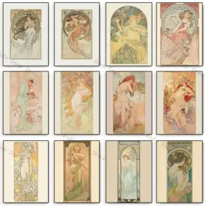 Alphonse Mucha Les Saisons Goddess Wall Art Posters Print Nordic Canvas Painting Vintage Abstract Pictures for Living Room Decor