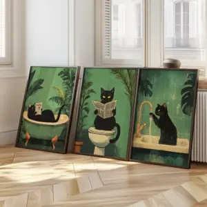 Set of 3 Funny Bathroom Black Cat Wall Art Canvas Prints, Vintage Animals Toilet Posters, Indoor Modern Wall Decor Unframed