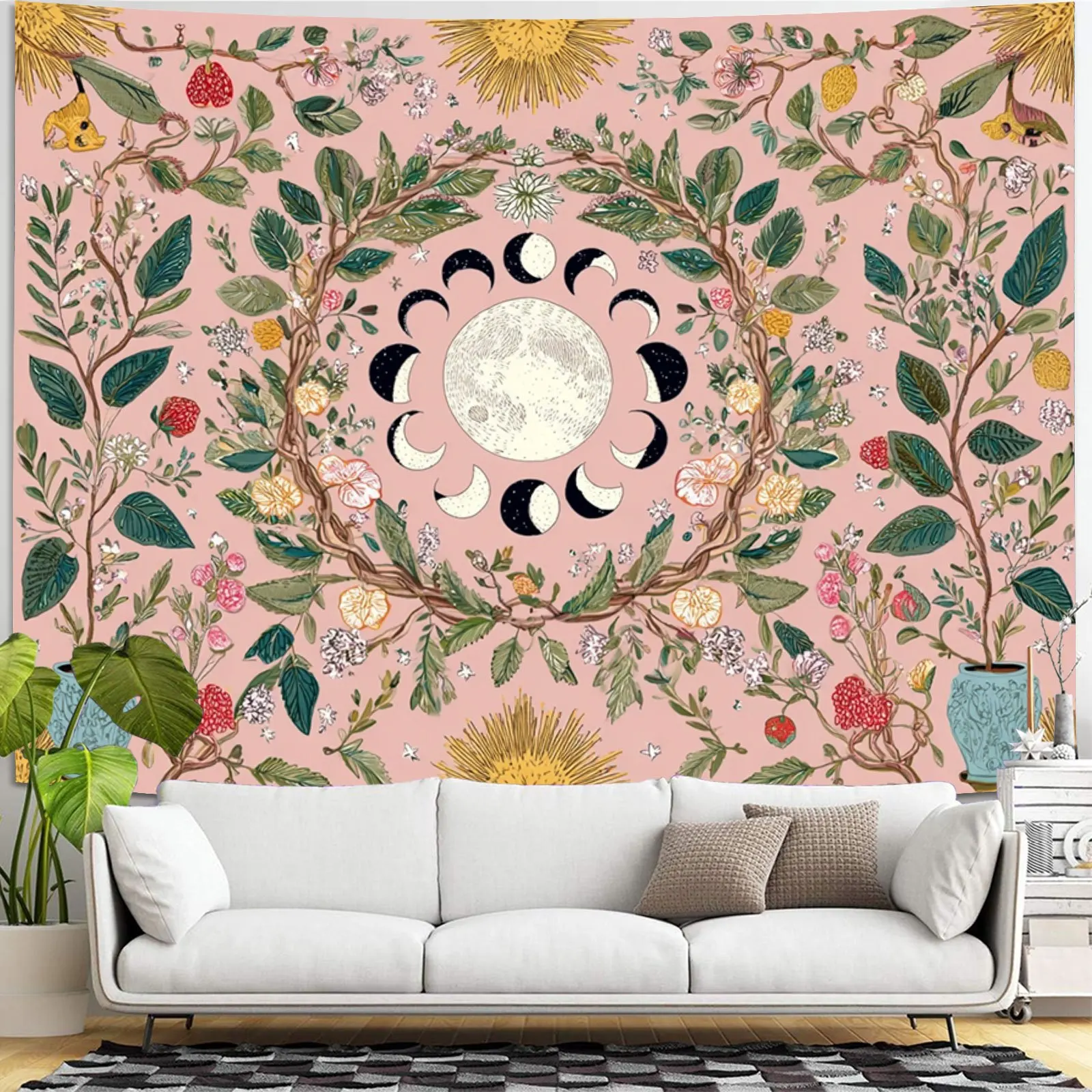 A Vintage Bohemian Tapestry Featuring The Sun And Moon, Adorned with Floral Vines And Lunar Phases, Made of Polyester Material, - Image 6