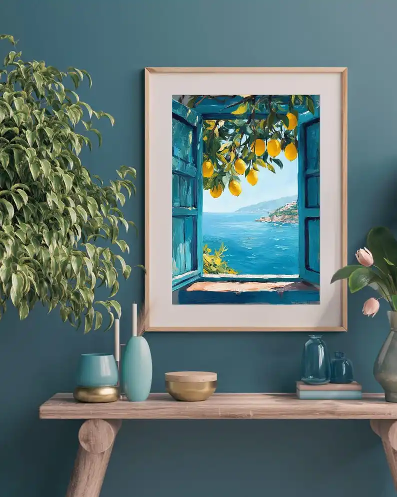 Mediterranean Window View Printable Art – Coastal Lemon Tree Wall Decor – Italian Seaside Landscape Frameless - Image 3