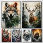 Vintage ink style wildlife aesthetic poster: tiger, wolf, elephant, bear, deer canvas print, home living room gallery decor