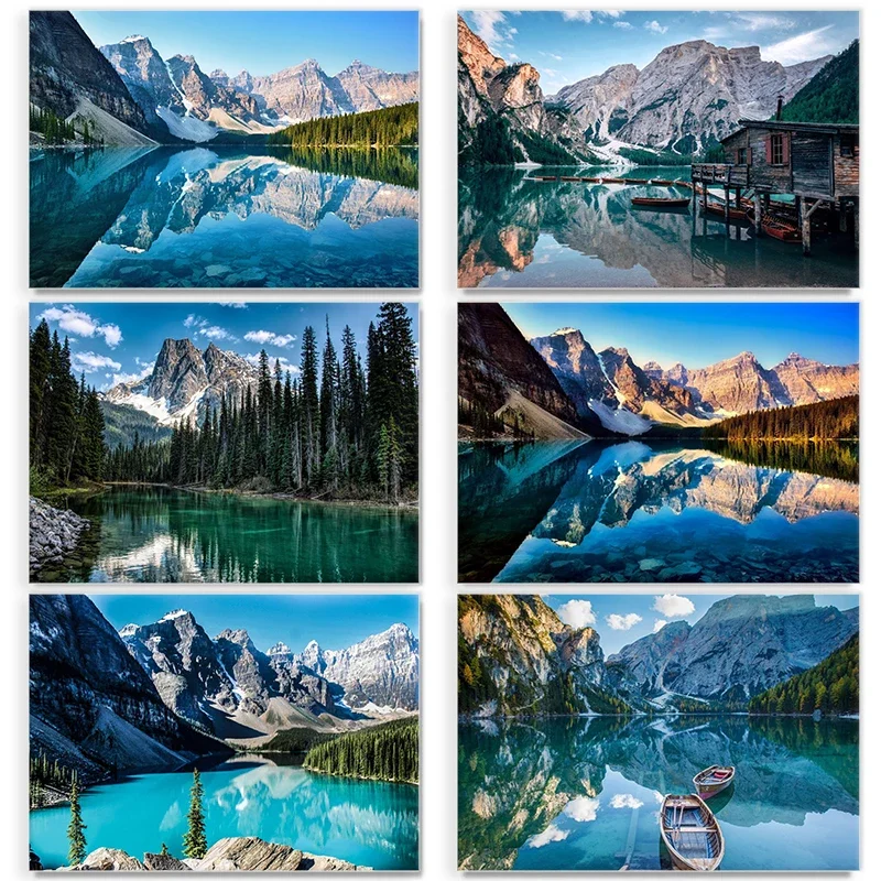 Mountains At Lake Nature Beautiful Scenery Poster Sea Boat Landscape Canvas Painting Wall Art for Living Room Home Decor