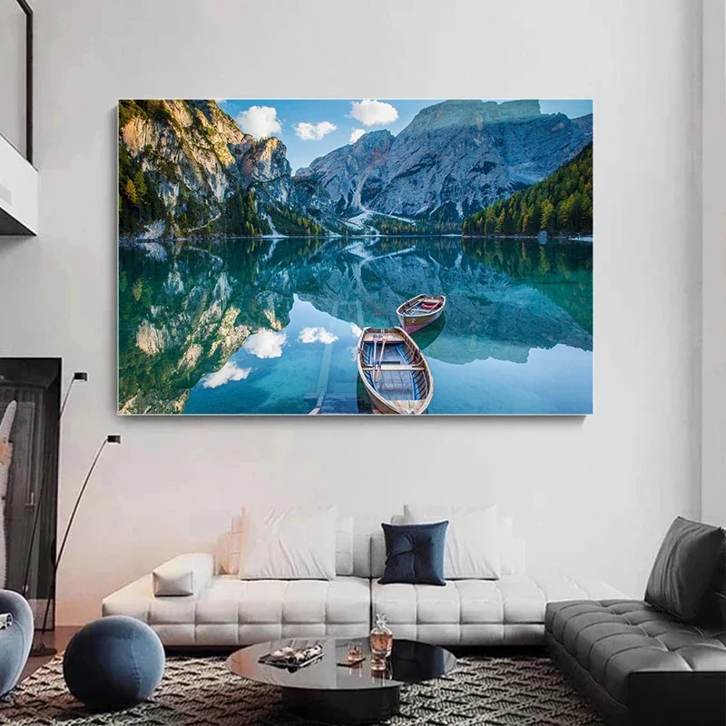 Mountains At Lake Nature Beautiful Scenery Poster Sea Boat Landscape Canvas Painting Wall Art for Living Room Home Decor - Image 3