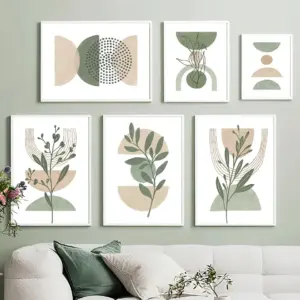 Green Leaves Lines Geometry Abstract Boho Wall Art Canvas Painting Nordic Posters And Prints Wall Pictures For Living Room Decor
