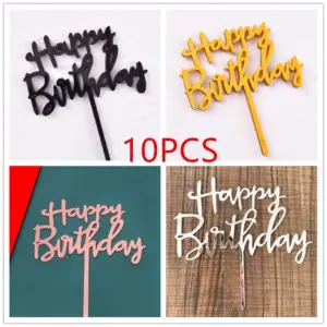 10 Pcs 1 Set Acrylic Happy Birthday Cake Topper Gold Silver Simple Design Kids Birthday Party Cake Toppers Dessert Decoration