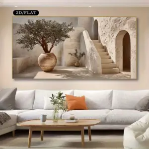2D Flat Canvas Wall Art: Desert Oasis with Olive Trees & Stairs Large Mural Poster for Living Room & Porch Decor