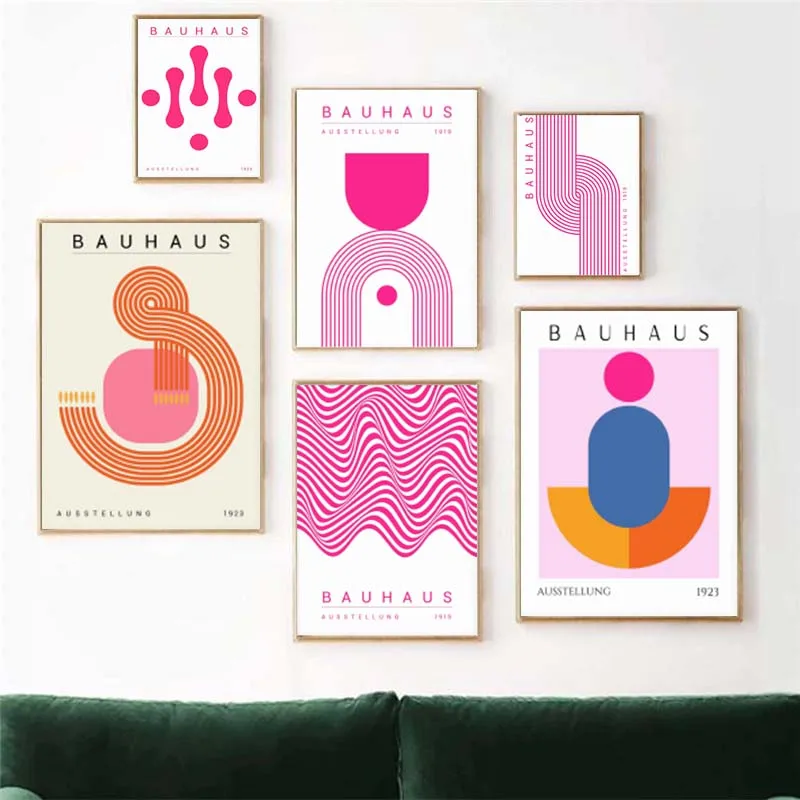 Pink Bauhaus Geometric Canvas Paintings Poster Bauhaus Wall Art Mid Century Modern Art for Living Room Home Office Decor - Image 3