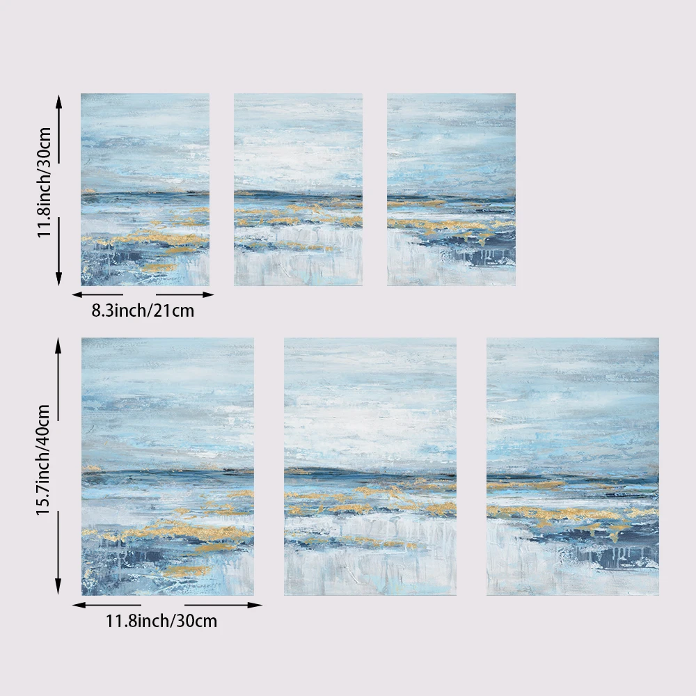 3 Panels Nordic Abstract Ocean Canvas Painting Coastal Theme Artwork Blue Gold Sunset & Sunrise Wall Art Posters for Living Room - Image 4