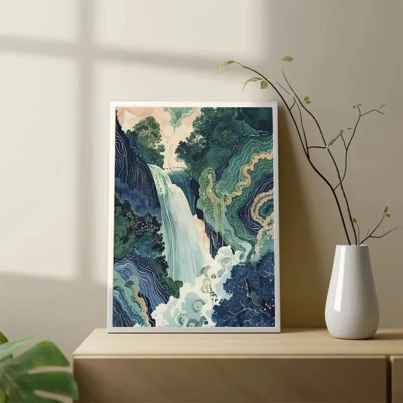 Hokusai Ukiyo-e Blue Green Japanese Waterfall Asian Landscape Poster Canvas Printing Vintage Wall Art Picture Home Room Decor - Image 3