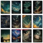 Abstract Vintage Stargazing Celestial Night Sky Stars Landscape Poster Print Canvas Painting Wall Art Picture Dark Gothic Decor