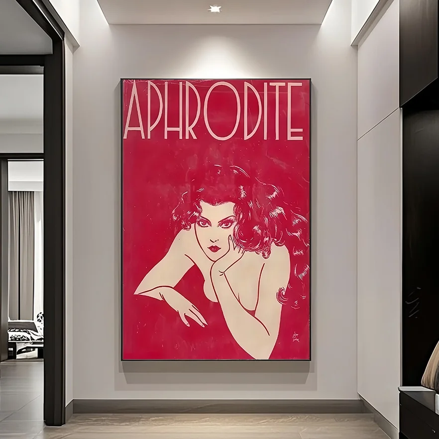 1pc Large Modern Canvas Poster - Waterproof Red Portrait of Woman with Aphrodite Typography - Frameless Bathroom, Living Room,