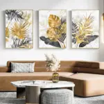 3 pieces Frameless modern luxury gold leaf art banana leaf canvas painting for corridors, living room sofa background