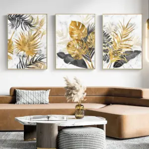 3 pieces Frameless modern luxury gold leaf art banana leaf canvas painting for corridors, living room sofa background