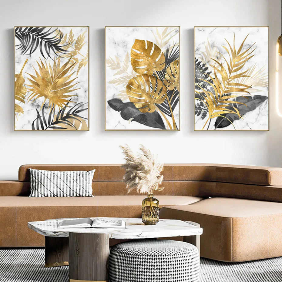 3 pieces Frameless modern luxury gold leaf art banana leaf canvas painting for corridors, living room sofa background