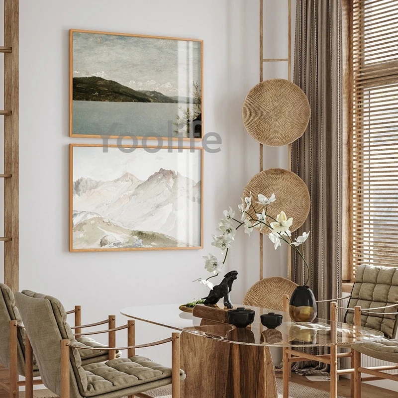 Mountain Forest Landscape Neutral Art Print Antique Lake Scenery Painting Canvas Poster Coastal Wall Pictures Rustic Decoration - Image 6