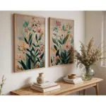 2 Frameless Plant Wall Art Prints Modern Flower Digital Download, Beige Background Plant Prints, Living Room Flower Decoration