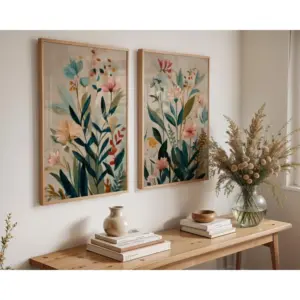 2 Frameless Plant Wall Art Prints Modern Flower Digital Download, Beige Background Plant Prints, Living Room Flower Decoration