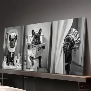 3 Piece Black and White French Bulldog Bathroom Wall Art - Humorous Dog Reading Newspaper Canvas Prints, Great for Home Decor