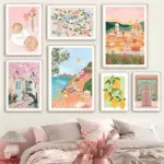 Santorini Lemon Coffee Flowers Summer Illustration Posters & Prints Wall Art Canvas Painting Pictures For Living Room Home Decor