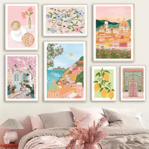 Santorini Lemon Coffee Flowers Summer Illustration Posters & Prints Wall Art Canvas Painting Pictures For Living Room Home Decor