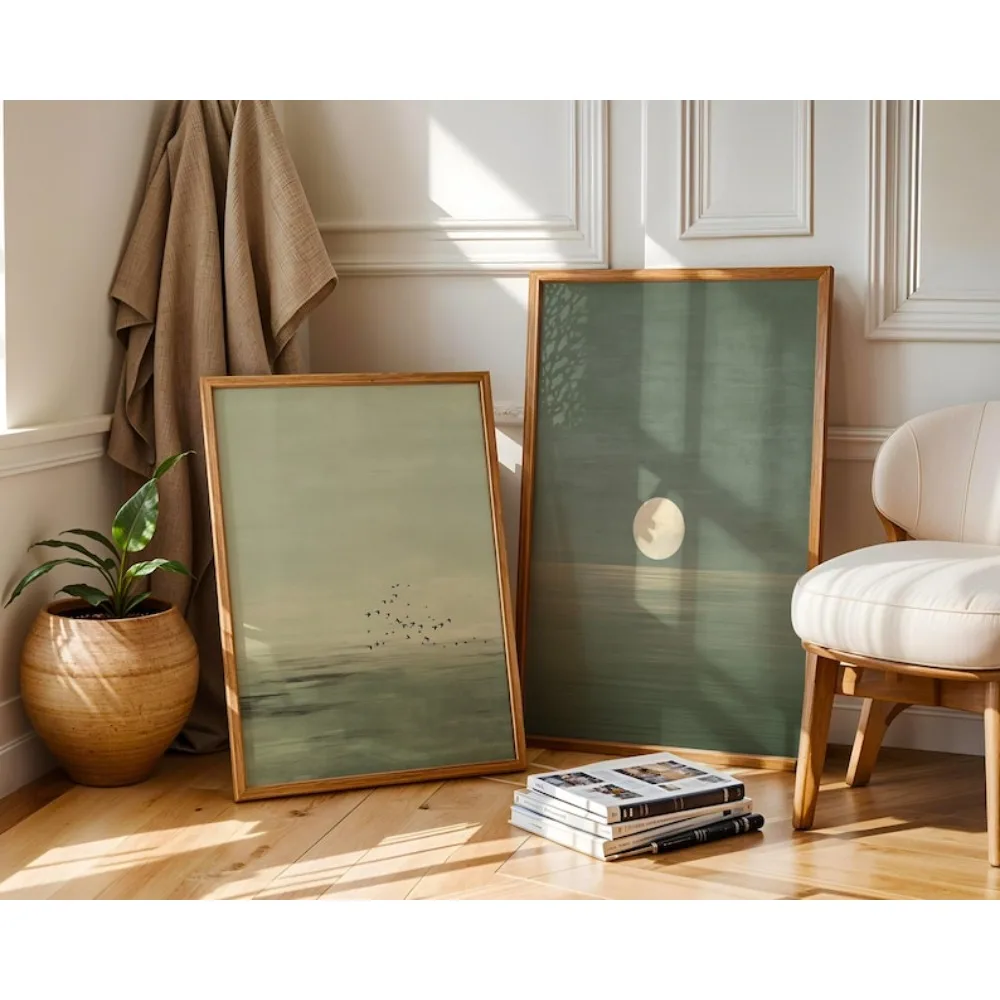 2pcs Frameless Wall Art, Simple Sage Green Sunset Print, Scandinavian Zen Decoration, Abstract Landscape Art, Bohemian Wall Art - Image 2