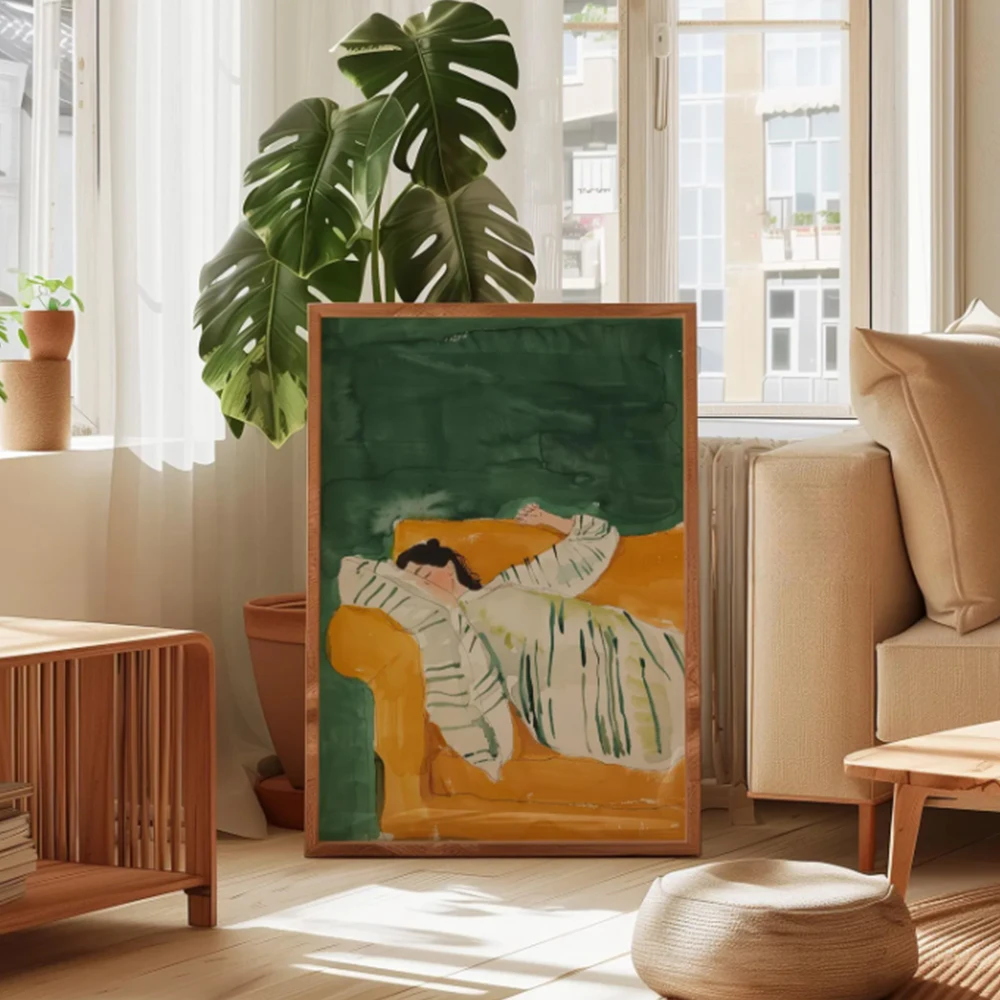 Emerald Green Abstract Female Minimalist Art Posters Nordic Style Stripes Casual Girl Canvas Painting Modern Warmth Home Decor - Image 4