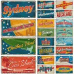 Artisian Australia New Zealand Ctiy Metal Sign Travel Tin Plaque Landmark Decorative License Plate Car Plate  Wall Decor Garage