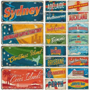 Artisian Australia New Zealand Ctiy Metal Sign Travel Tin Plaque Landmark Decorative License Plate Car Plate  Wall Decor Garage