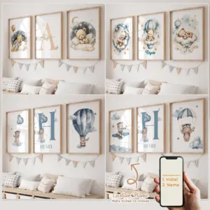 3pcs Personalized Custom Name Cartoon Child Blue Bear Wall Art Print Picture Canvas Poster Painting For Living Room Home Decor