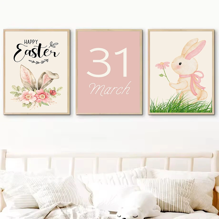 Minimalist Easter Spring Bunny and Flower Holiday Eggs Cartoon Nordic Poster Canvas Painting Wall Art Pictures Home Decor Gift - Image 2