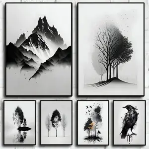 Minimalist Black and White Mountain Tree Crow Landscape Poster Print Canvas Painting Abstract Wall Art Living Room Home Decor