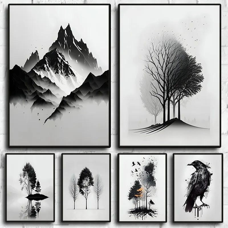 Minimalist Black and White Mountain Tree Crow Landscape Poster Print Canvas Painting Abstract Wall Art Living Room Home Decor