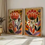 2pcs Frameless Scandinavian Abstract Plant and Flower Poster Canvas Painting Retro Minimalist Medieval Nordic Style Wall Art