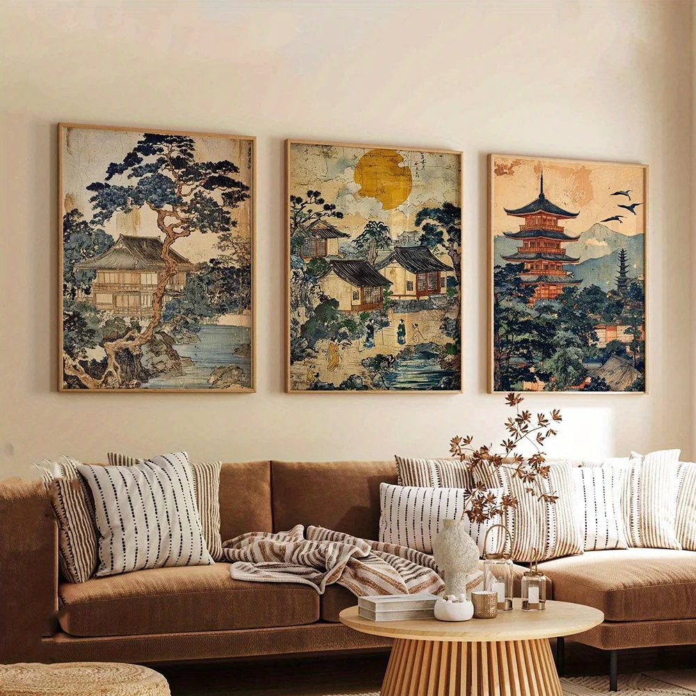 3pcs/set Japanese Landscape Travel Canvas Print Retro Sunrise House Pagoda Wall Art Poster for Modern Living Room Home Decor - Image 3