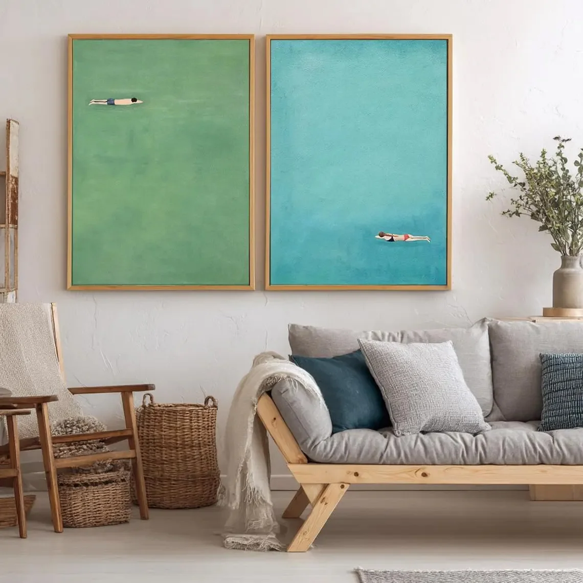 Two-piece Set: Wall Decoration, Retro Poster, Blue-green Aquatic Art Canvas Painting, and A Poster Depicting A Swimming Scene