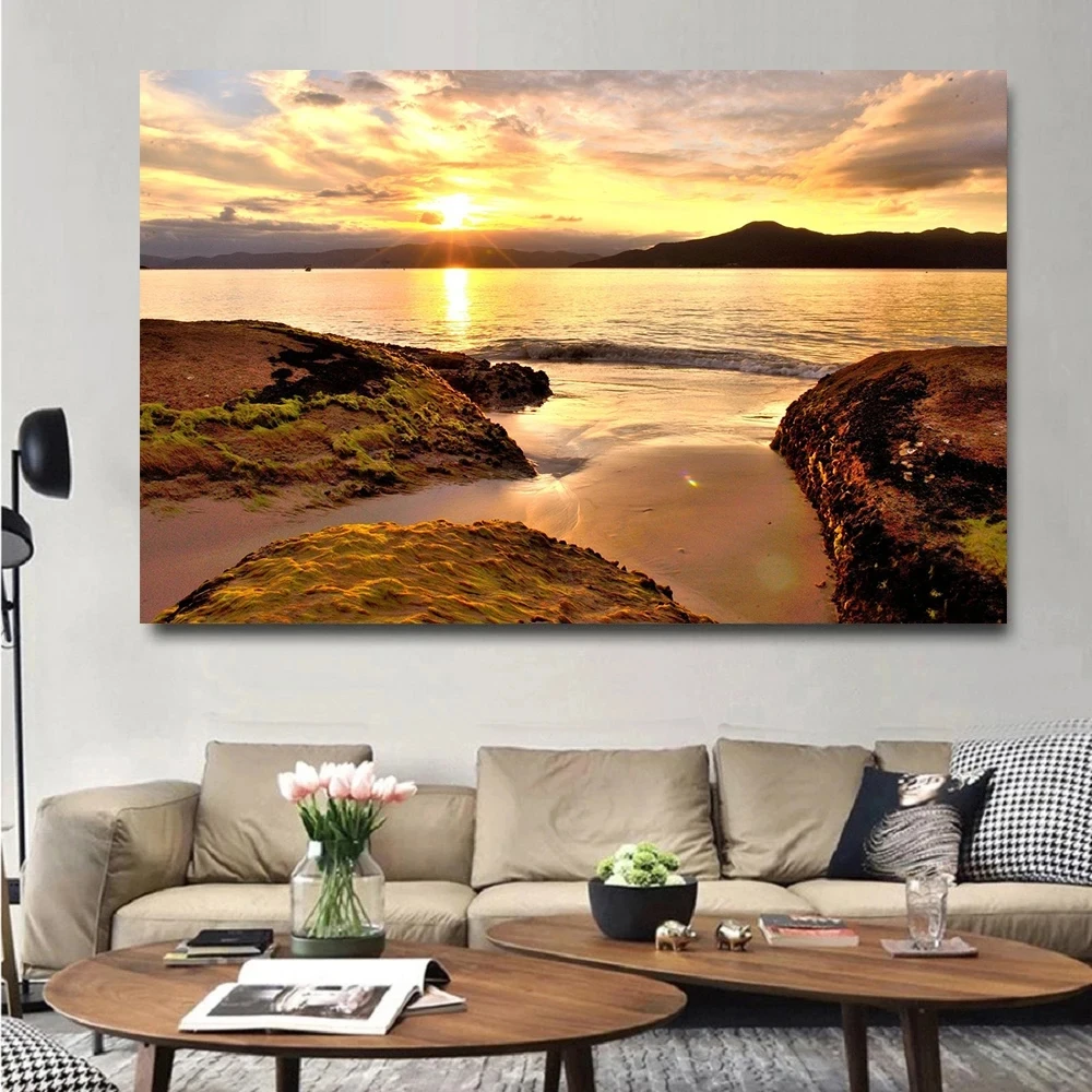 Sunset Hawaii Beach Posters Gold Sea Landscape Canvas Paintings Tropical Palm Tree Wall Art Pictures Living Room Home Decor - Image 4