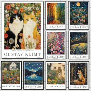 Gustav Klimt Garden Cat and Fox Canvas Print Moon and Village Klimt Museum Wall Art Poster Modern Living Room Home Decor Gifts